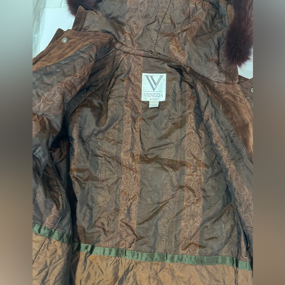 Vintage Venezia Vitale Brown Suede Duffle Coat Real Fox Fur Hood 14/16 - Picture 4 of 10